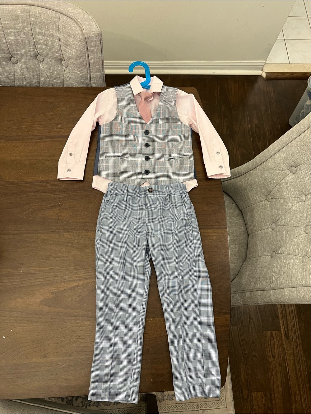 next Boys Gray Plaid Vest & Trousers with Pink Shirt